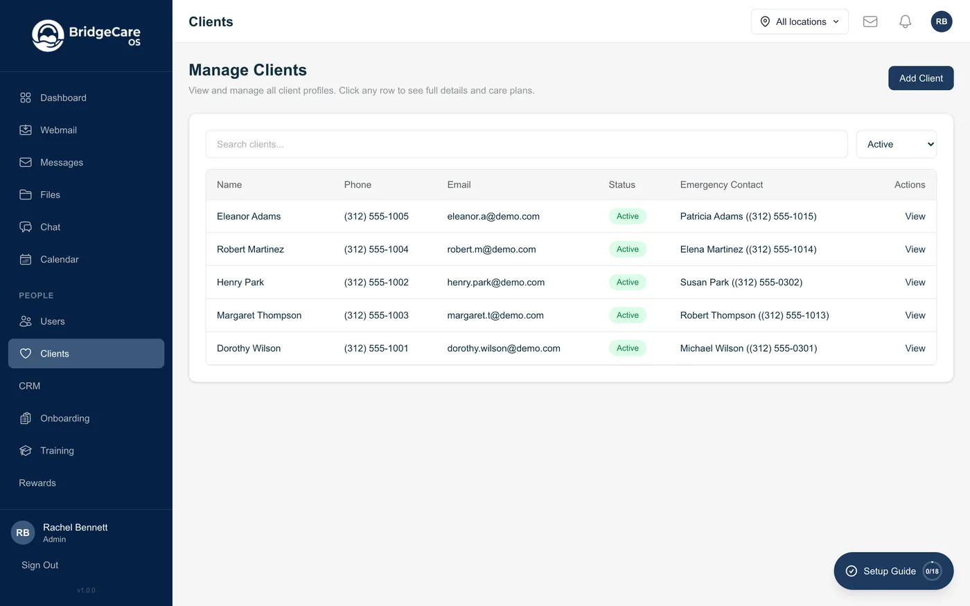BridgeCare OS client management list with names, phone, email, status, and emergency contacts.