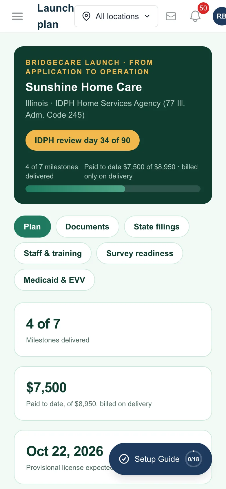 The Launch plan on a phone: progress bar, milestone list and statuses.