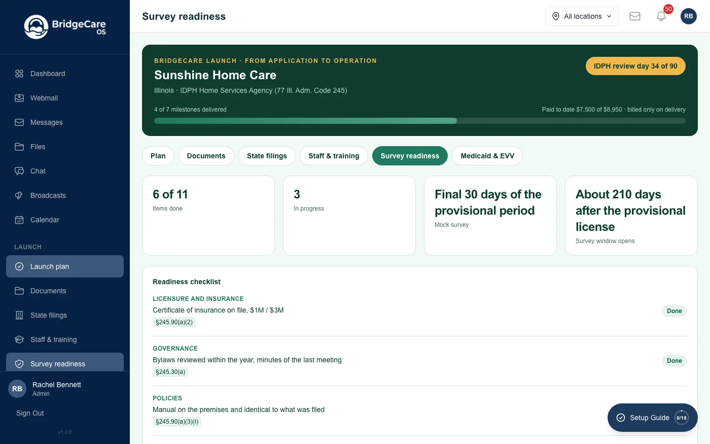 Launch survey readiness checklist grouped by area, each item citing its rule section, with done, in progress and to-do statuses and notes.