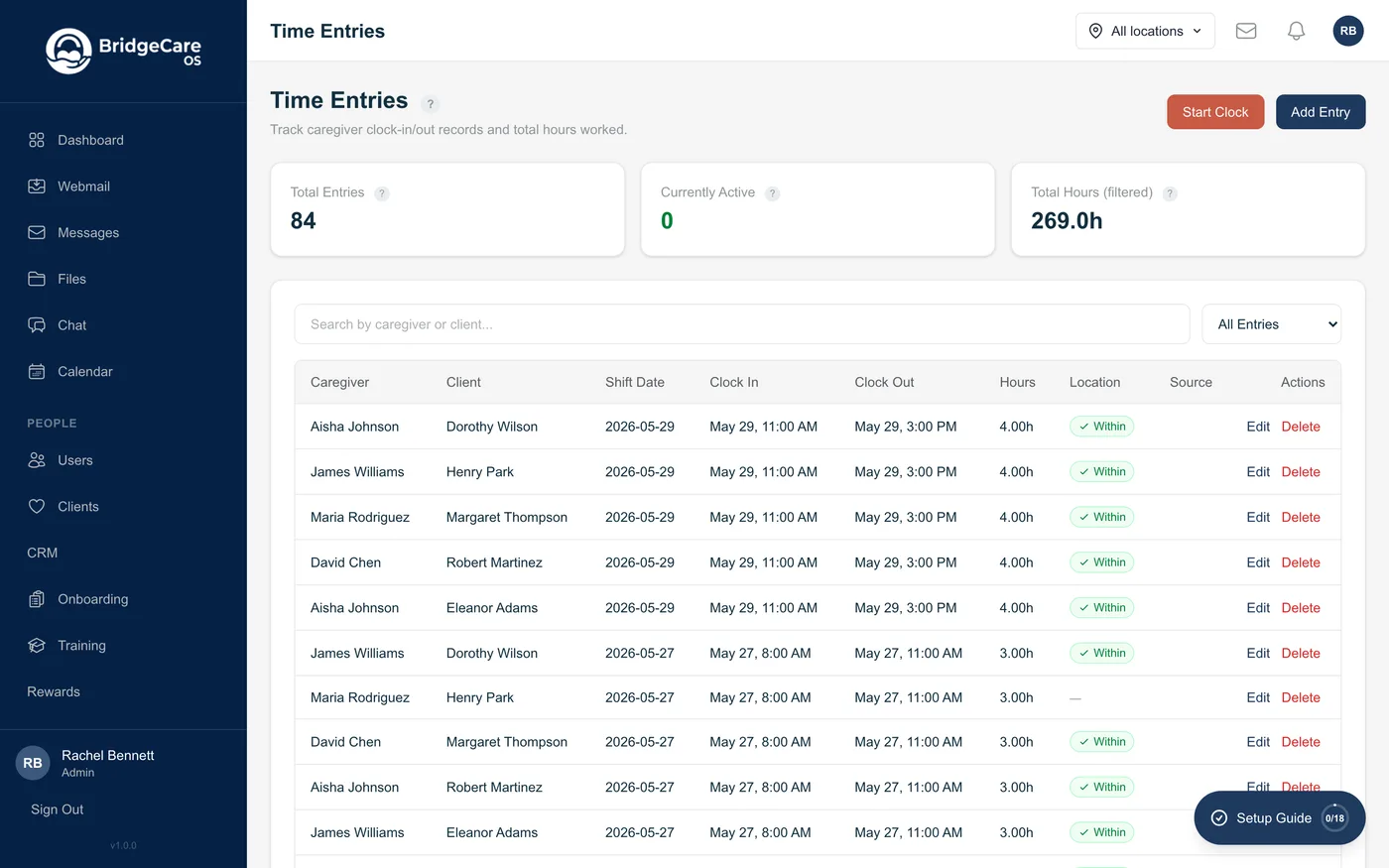 BridgeCare OS time entries table showing 84 entries and 269 hours with clock-in/out, hours, and GPS location.